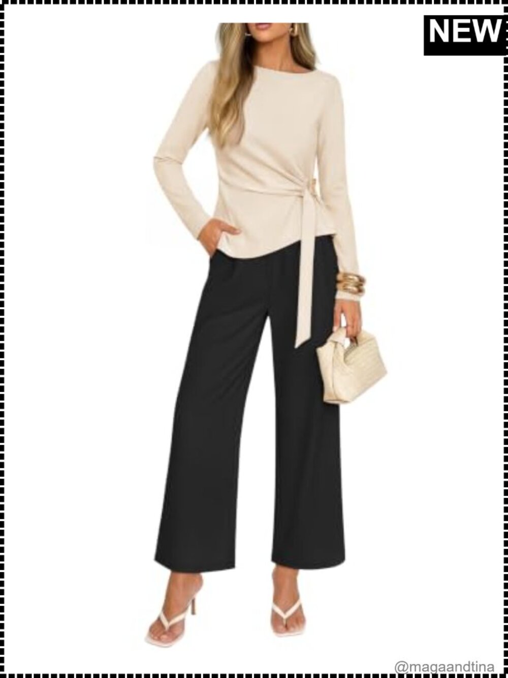 2 Piece Dressy Pant Set Boat Neck Ruched Top Wide Leg Pants Work Office